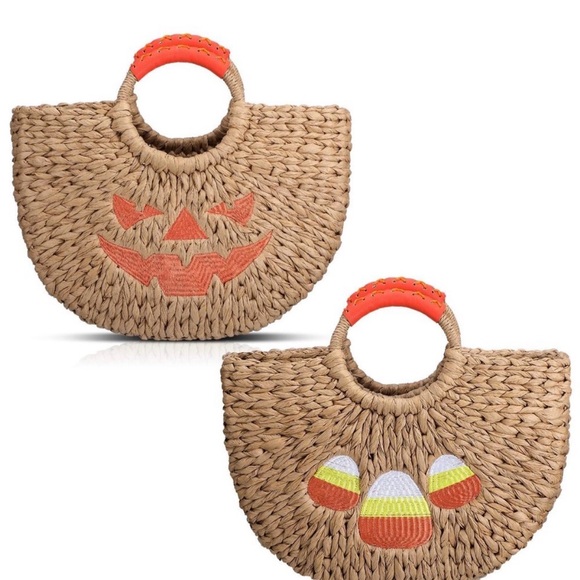 Handwoven Halloween jack-o-lantern Pumpkin Face Tote w/ candy corn tan - Picture 2 of 5